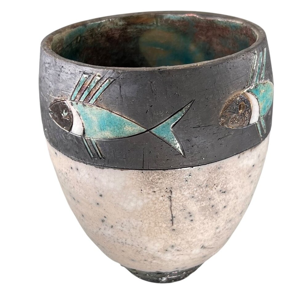Raku Pottery Fish Vase Teal Black Glazed Textured Iridescent Artistic Signed - Picture 4 of 12